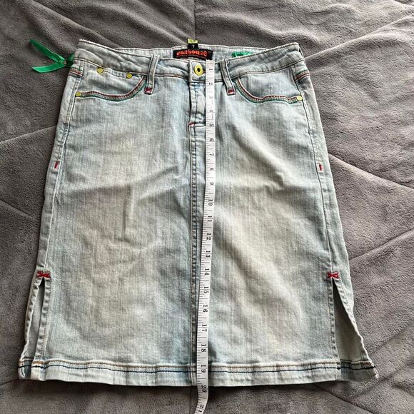 Vintage Y2K indie retro Dollhouse rainbow light wash denim midi skirt size 7 - Picture 7 of 8